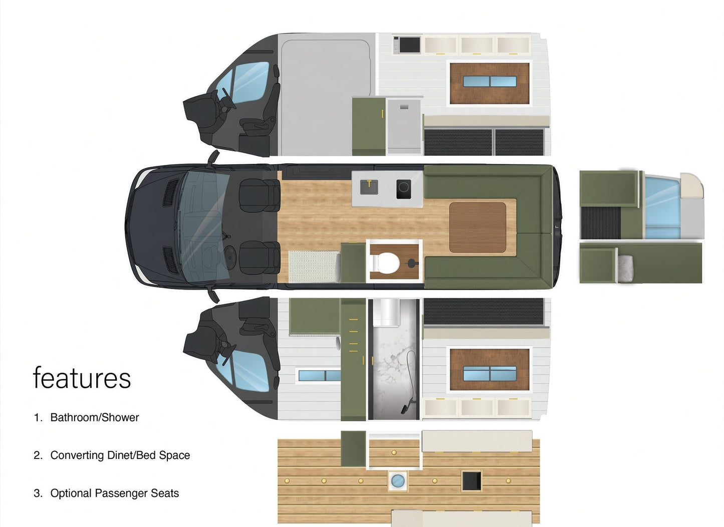 Snowbird layout — dinette version (U-shaped seats + table in the rear)