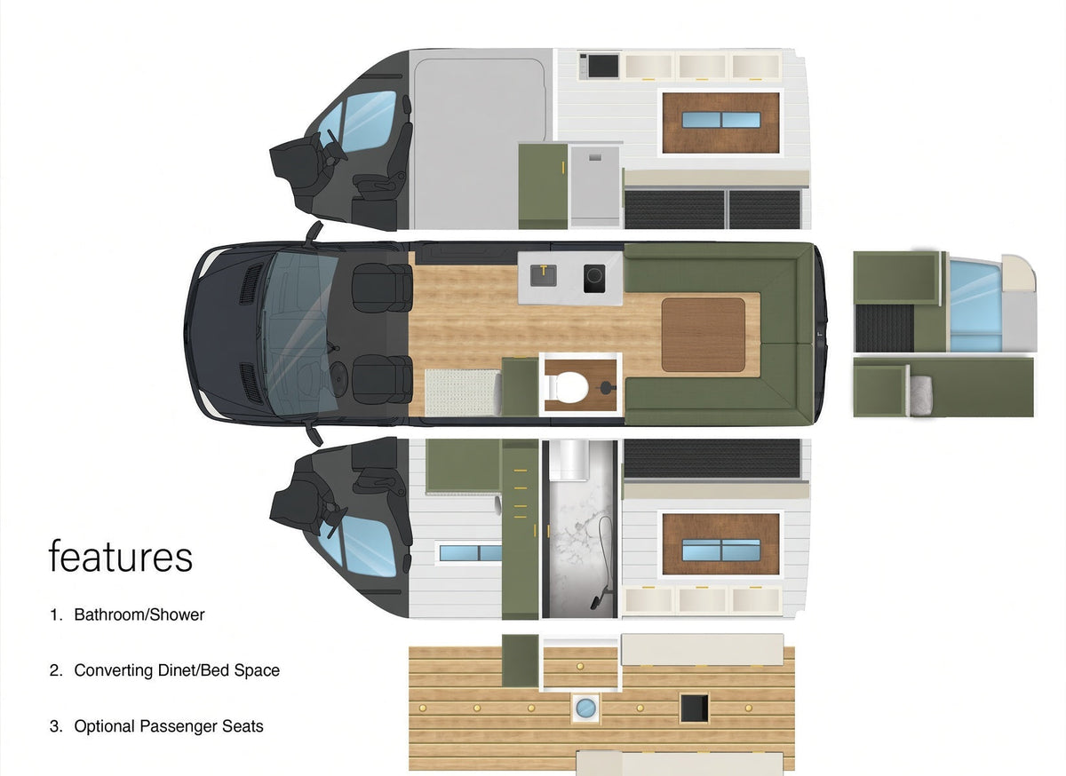 Snowbird layout — dinette version (U-shaped seats + table in the rear)